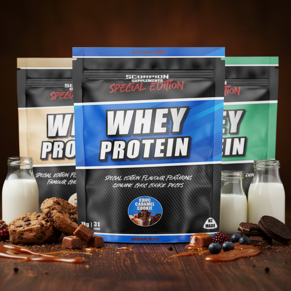 Three packages of Scorpion Supplements whey protein on a black background